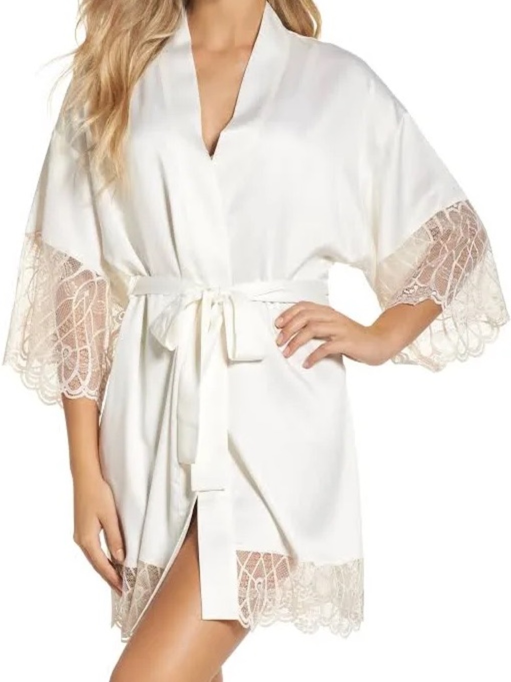 Flora Nikrooz Satin Robe with Beige Lace Trim